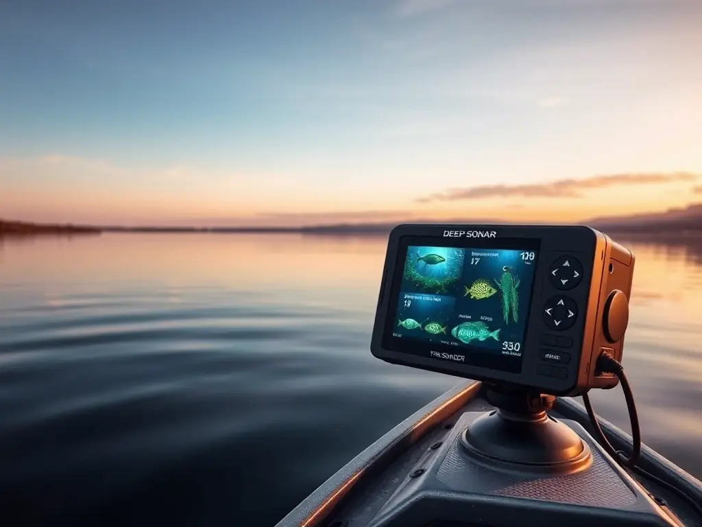 A Deeper START Smart Fish Finder bundle, including a universal mounting bracket and a solar charger, displayed on a dark blue surface with neon-orange accents, highlighting the affordability and practicality of the bundle.