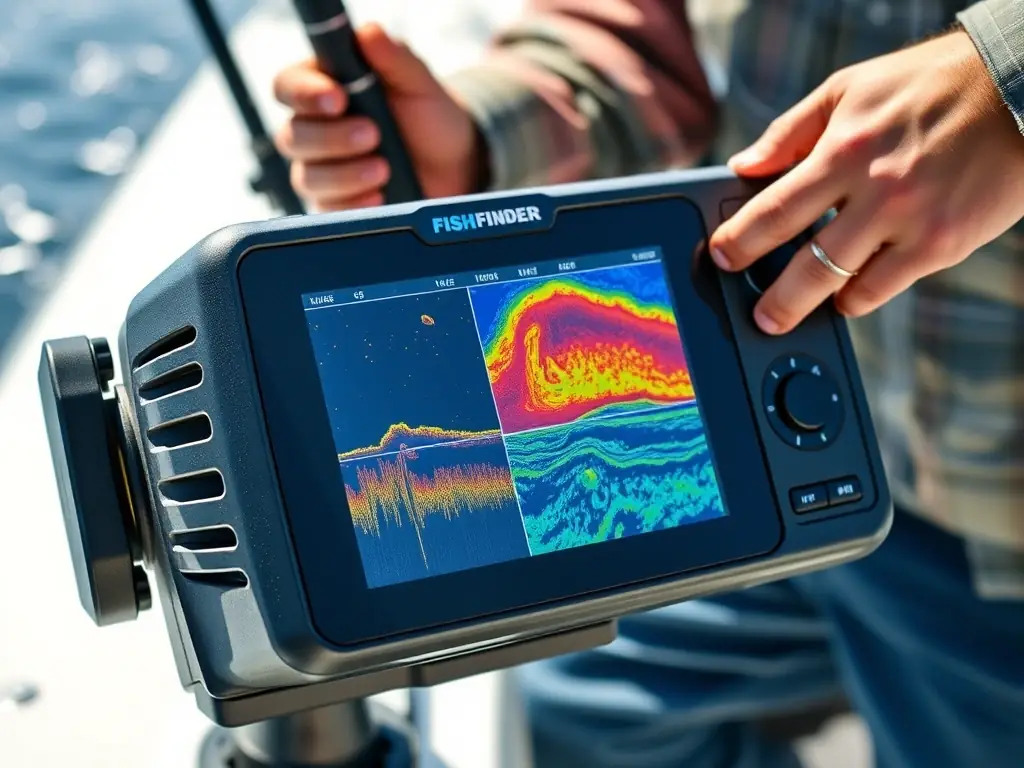 A Deeper CHIRP+ 2 Fish Finder bundle, including a solar charger and a waterproof carry case, displayed on a dark blue surface with neon-orange accents, highlighting the cost savings and convenience of purchasing the bundle.